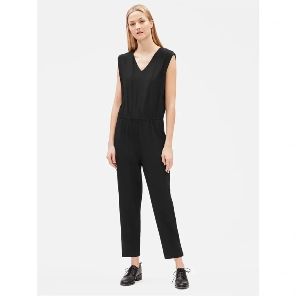 Eileen Fisher Lightweight Washable Stretch Crepe V-Neck Jumpsuit Black Size L